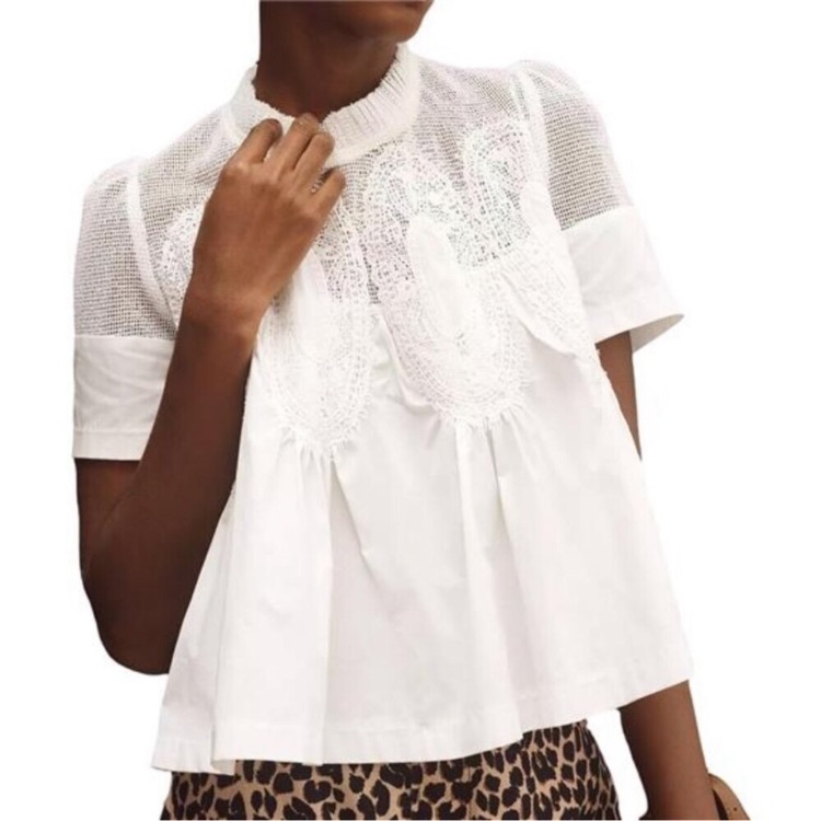 Women Lace-Detail Flared Blouse Short-Sleeve Crew Neck Lace Poplin Mesh